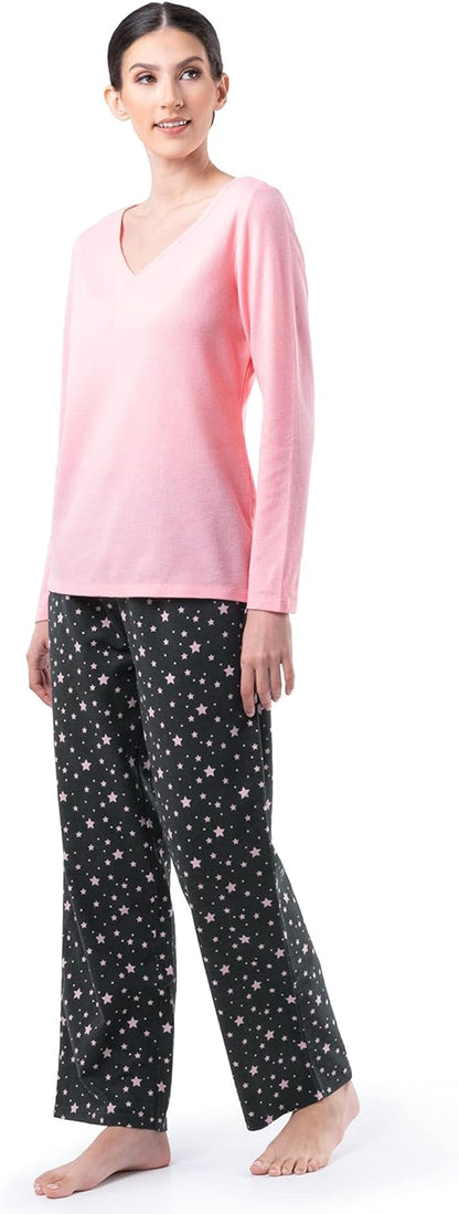Fruit of the Loom Women's Waffle V-Neck Top and Flannel Pant Sleep Set