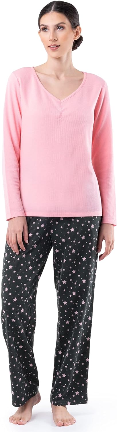 Fruit of the Loom Women's Waffle V-Neck Top and Flannel Pant Sleep Set