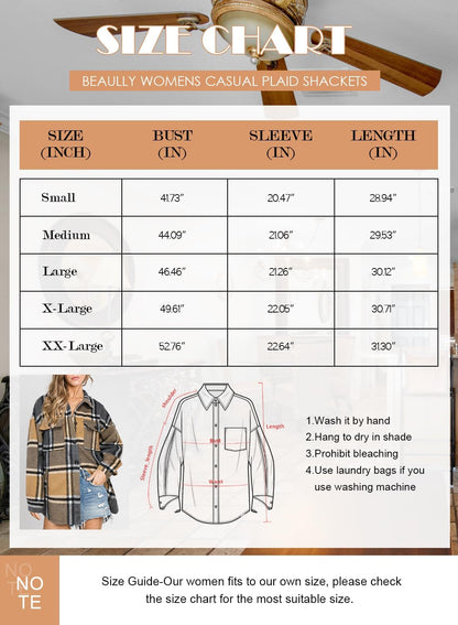 Womens Casual Plaid Shackets Brushed Flannel Button Down Shirt Jacket Coats with Side Pockets