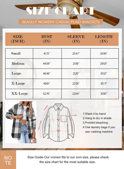 Womens Casual Plaid Shackets Brushed Flannel Button Down Shirt Jacket Coats with Side Pockets