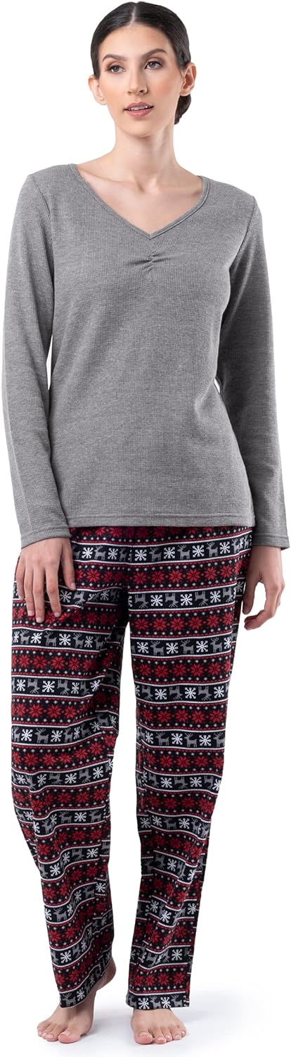 Fruit of the Loom Women's Waffle V-Neck Top and Flannel Pant Sleep Set