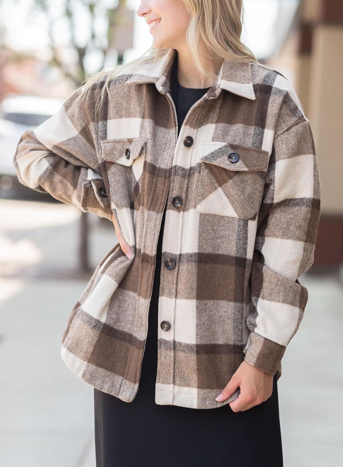 Womens Casual Plaid Shackets Brushed Flannel Button Down Shirt Jacket Coats with Side Pockets