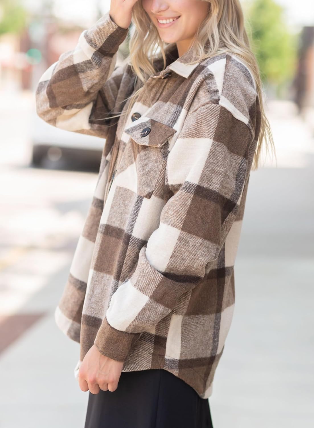 Womens Casual Plaid Shackets Brushed Flannel Button Down Shirt Jacket Coats with Side Pockets