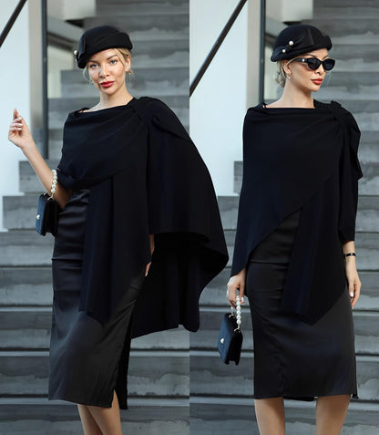 Womens Large Cross Front Poncho Sweater Wrap Topper Knitted Elegant Shawls Cape for Fall Winter