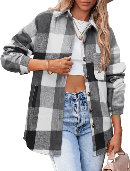 Womens Casual Plaid Shackets Brushed Flannel Button Down Shirt Jacket Coats with Side Pockets