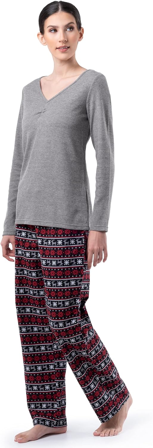 Fruit of the Loom Women's Waffle V-Neck Top and Flannel Pant Sleep Set