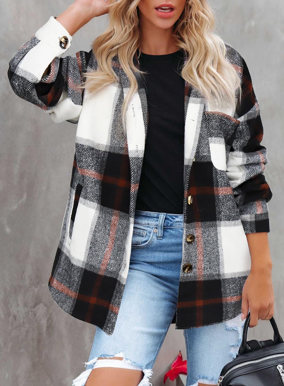 Womens Casual Plaid Shackets Brushed Flannel Button Down Shirt Jacket Coats with Side Pockets