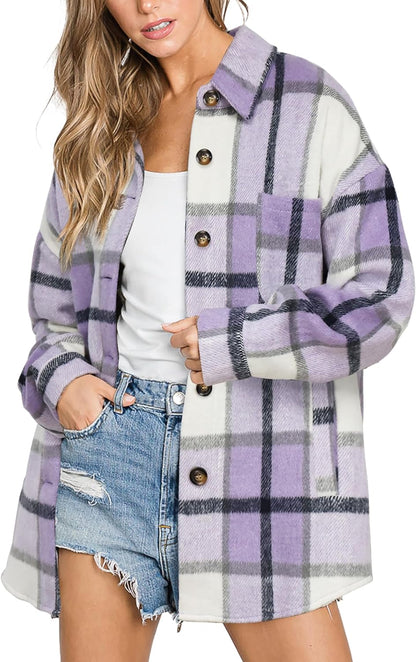Womens Casual Plaid Shackets Brushed Flannel Button Down Shirt Jacket Coats with Side Pockets