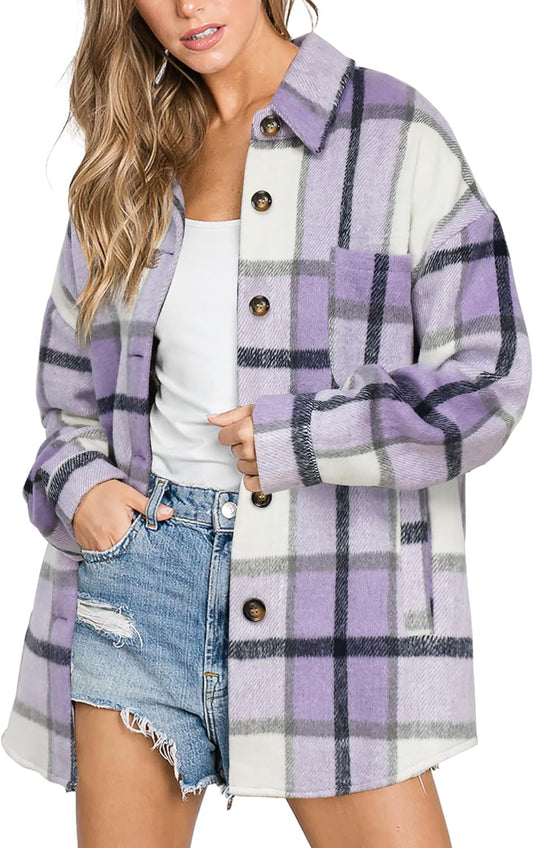 Womens Casual Plaid Shackets Brushed Flannel Button Down Shirt Jacket Coats with Side Pockets