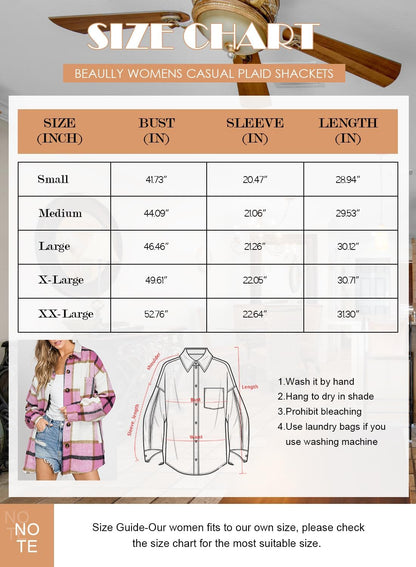 Womens Casual Plaid Shackets Brushed Flannel Button Down Shirt Jacket Coats with Side Pockets