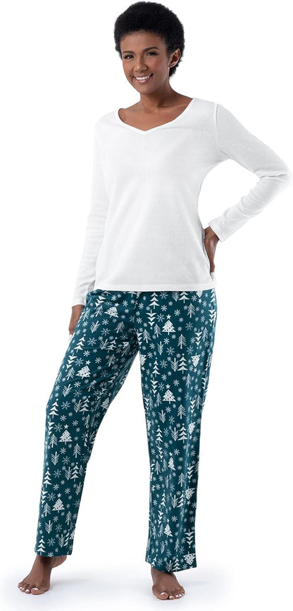 Fruit of the Loom Women's Waffle V-Neck Top and Flannel Pant Sleep Set
