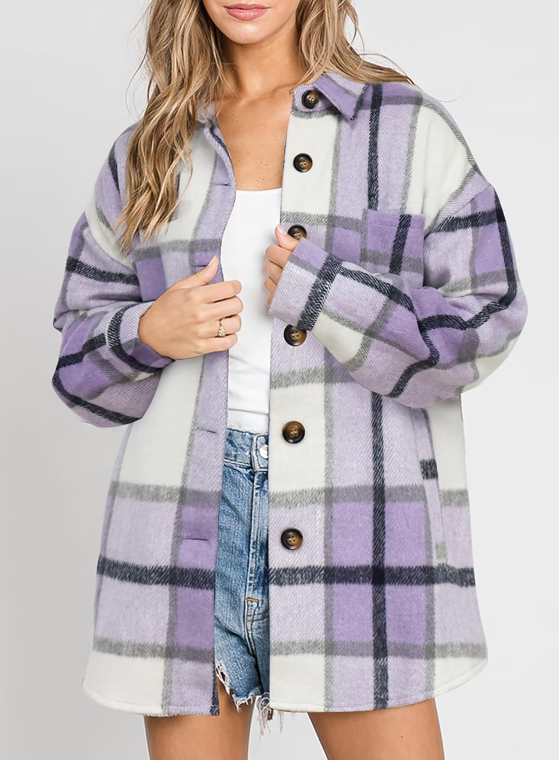 Womens Casual Plaid Shackets Brushed Flannel Button Down Shirt Jacket Coats with Side Pockets