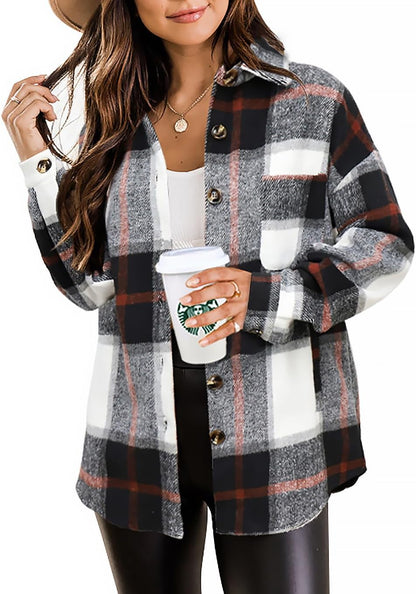 Womens Casual Plaid Shackets Brushed Flannel Button Down Shirt Jacket Coats with Side Pockets