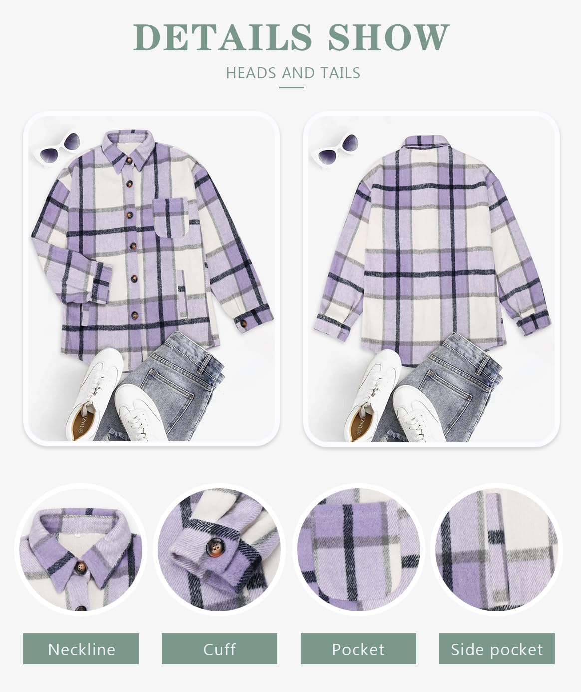 Womens Casual Plaid Shackets Brushed Flannel Button Down Shirt Jacket Coats with Side Pockets