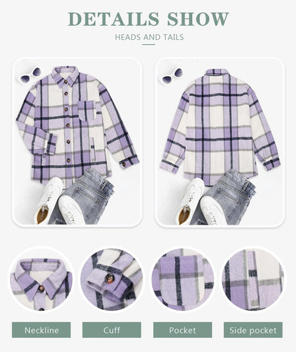 Womens Casual Plaid Shackets Brushed Flannel Button Down Shirt Jacket Coats with Side Pockets