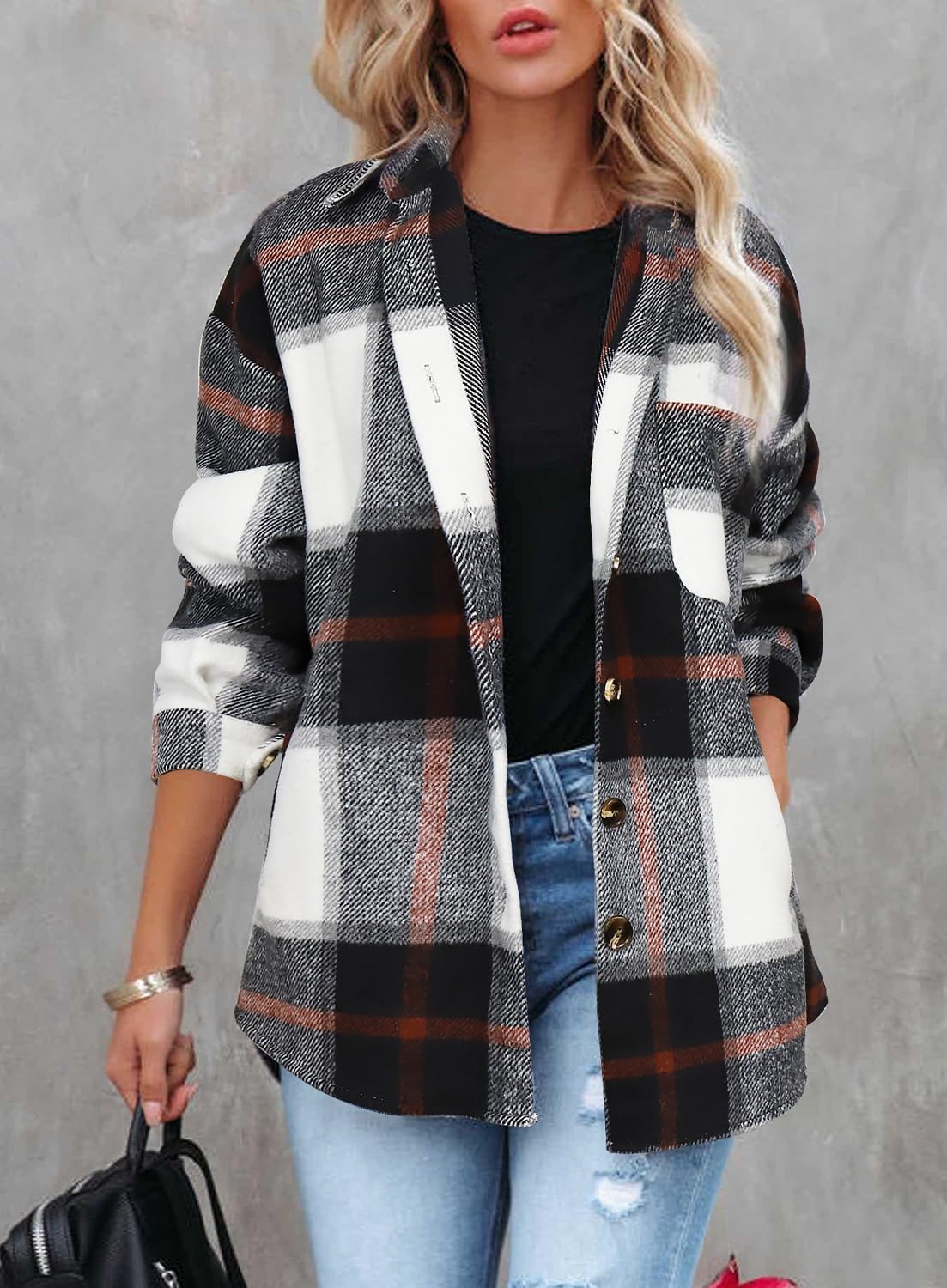 Womens Casual Plaid Shackets Brushed Flannel Button Down Shirt Jacket Coats with Side Pockets