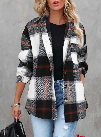 Womens Casual Plaid Shackets Brushed Flannel Button Down Shirt Jacket Coats with Side Pockets