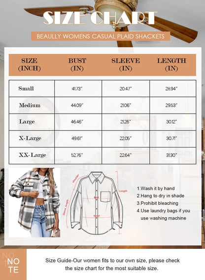 Womens Casual Plaid Shackets Brushed Flannel Button Down Shirt Jacket Coats with Side Pockets