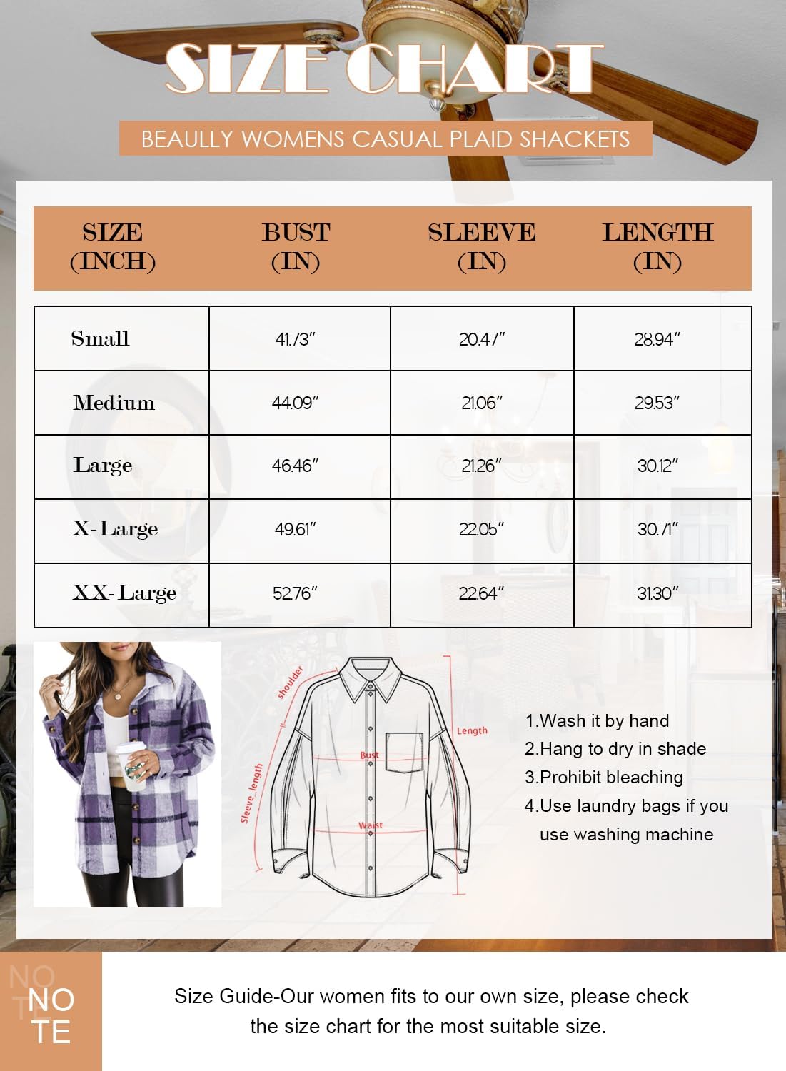Womens Casual Plaid Shackets Brushed Flannel Button Down Shirt Jacket Coats with Side Pockets