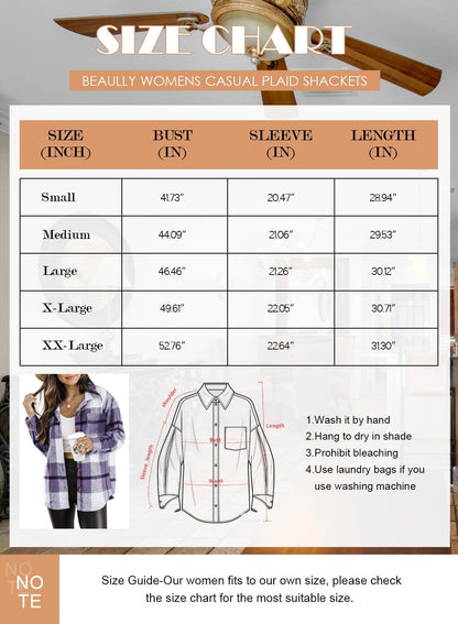 Womens Casual Plaid Shackets Brushed Flannel Button Down Shirt Jacket Coats with Side Pockets