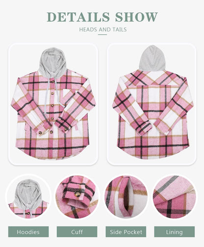 Womens Casual Plaid Shackets Brushed Flannel Button Down Shirt Jacket Coats with Side Pockets