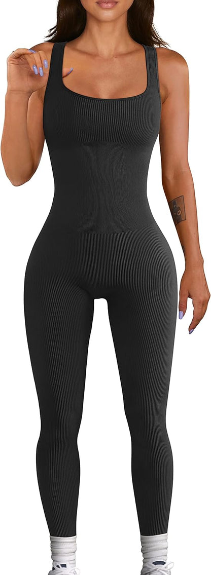 Women's Yoga Ribbed One Piece Tank Tops Rompers Sleeveless Exercise Jumpsuits