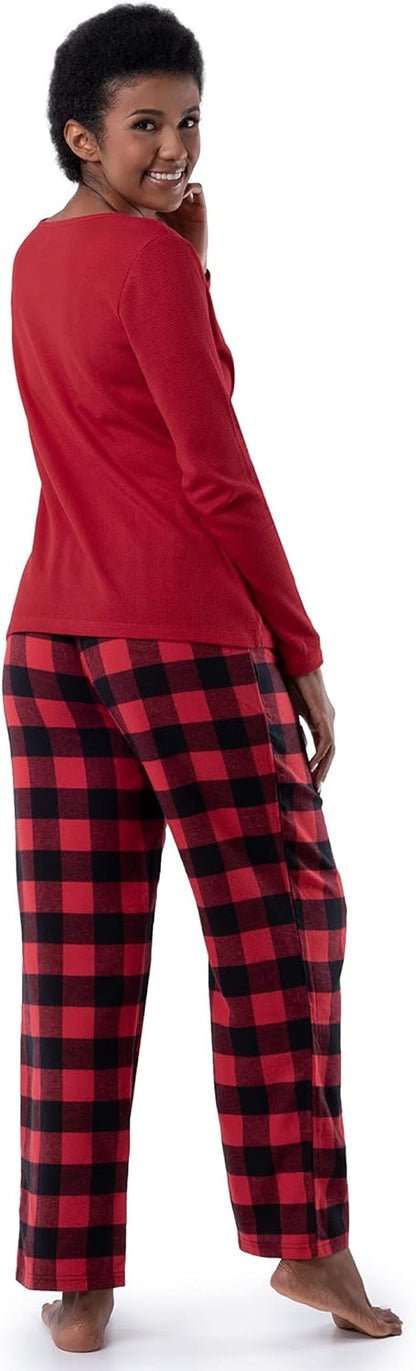 Fruit of the Loom Women's Waffle V-Neck Top and Flannel Pant Sleep Set