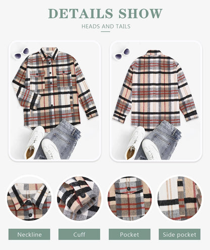 Womens Casual Plaid Shackets Brushed Flannel Button Down Shirt Jacket Coats with Side Pockets