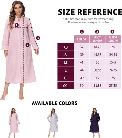 Embossed Plush Front Zipper Robe for Women - Full-Length Housecoat - Ladies Bathrobe with Pocket, Collar & Cuff, Chalky Rose, XS