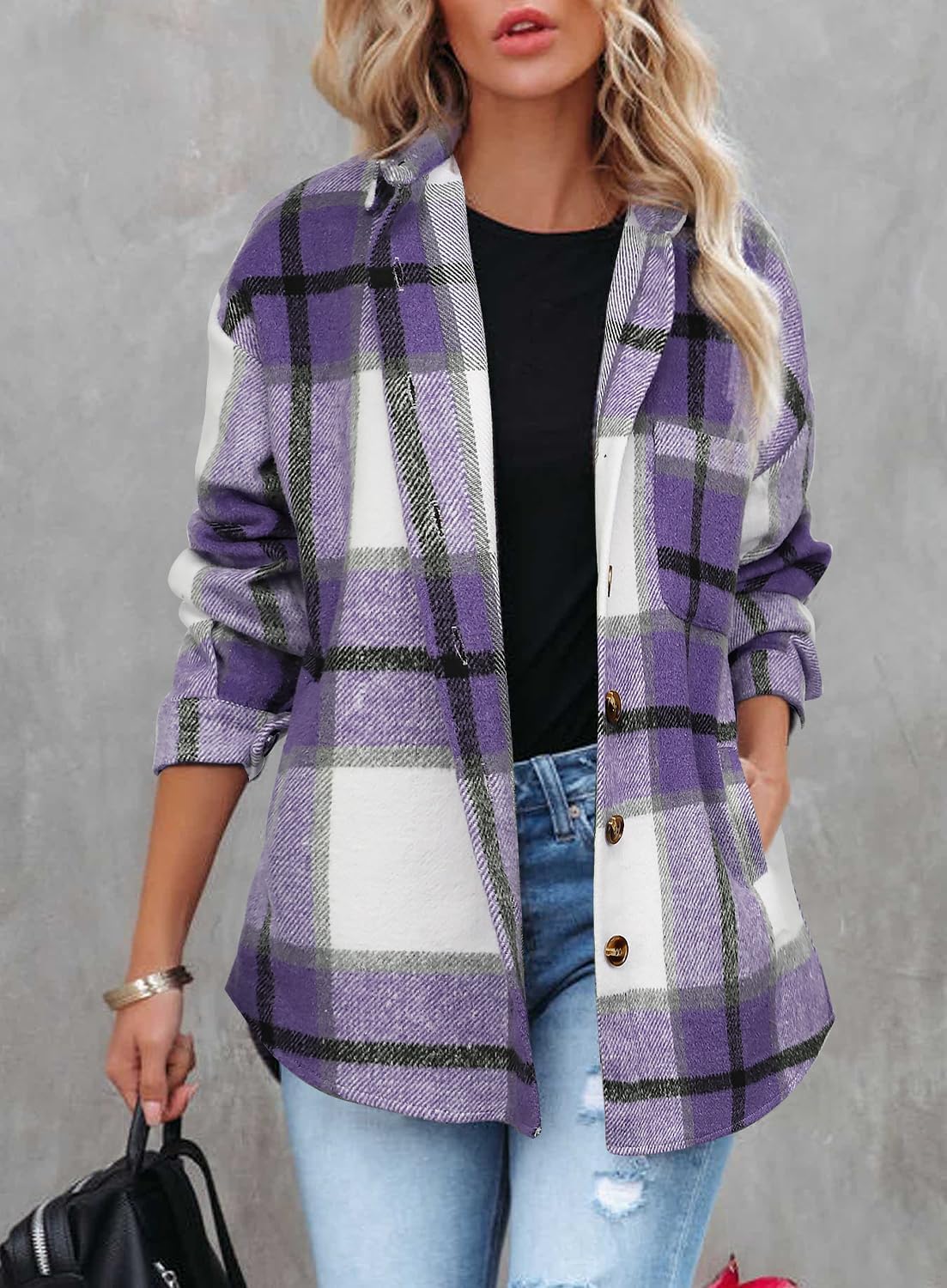 Womens Casual Plaid Shackets Brushed Flannel Button Down Shirt Jacket Coats with Side Pockets