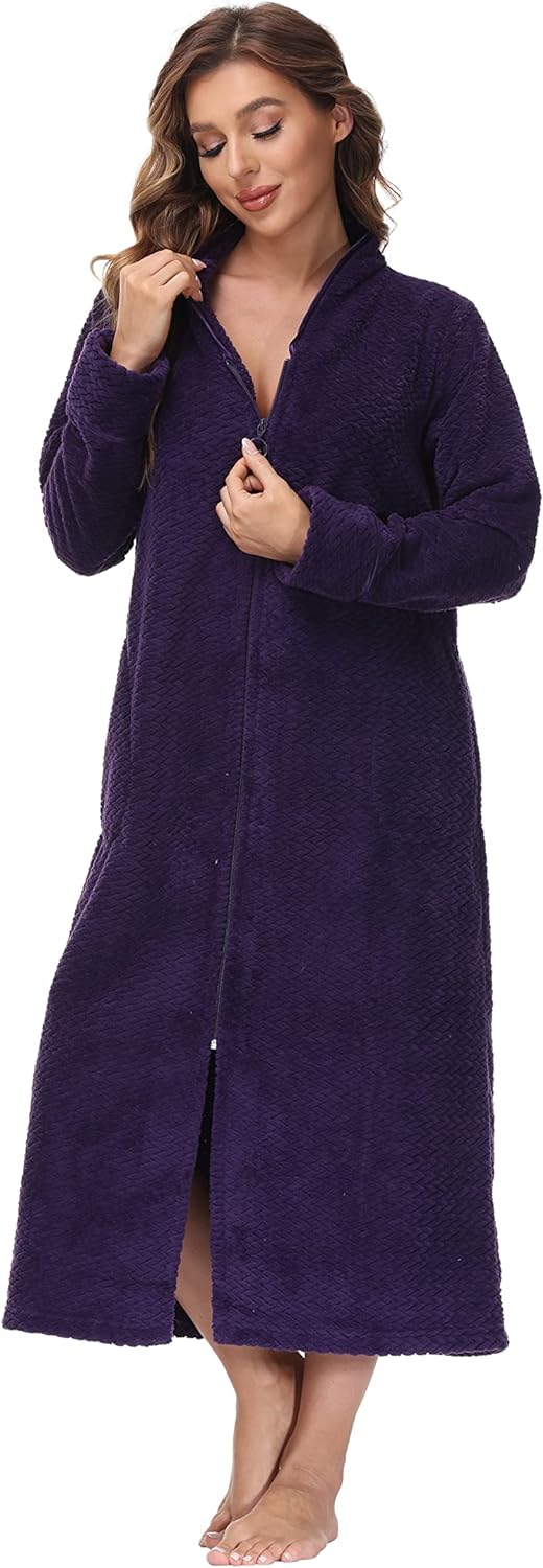 Embossed Plush Front Zipper Robe for Women - Full-Length Housecoat - Ladies Bathrobe with Pocket, Collar & Cuff, Chalky Rose, XS