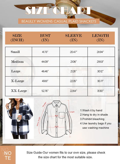 Womens Casual Plaid Shackets Brushed Flannel Button Down Shirt Jacket Coats with Side Pockets