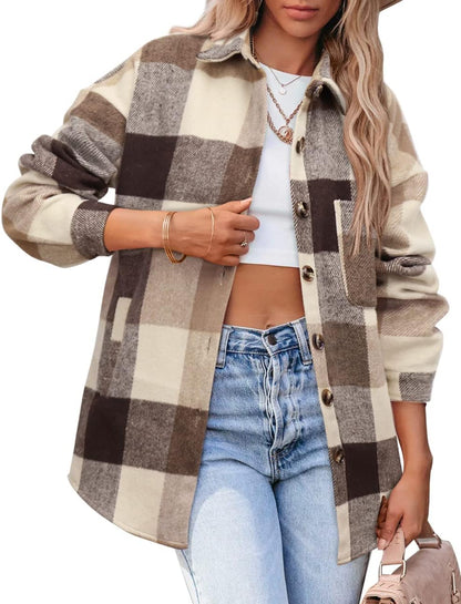 Womens Casual Plaid Shackets Brushed Flannel Button Down Shirt Jacket Coats with Side Pockets