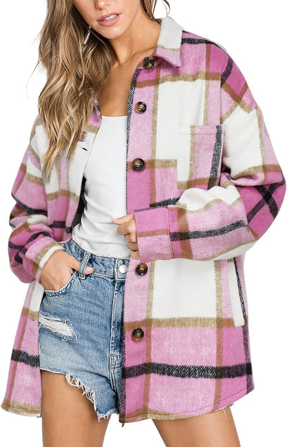 Womens Casual Plaid Shackets Brushed Flannel Button Down Shirt Jacket Coats with Side Pockets