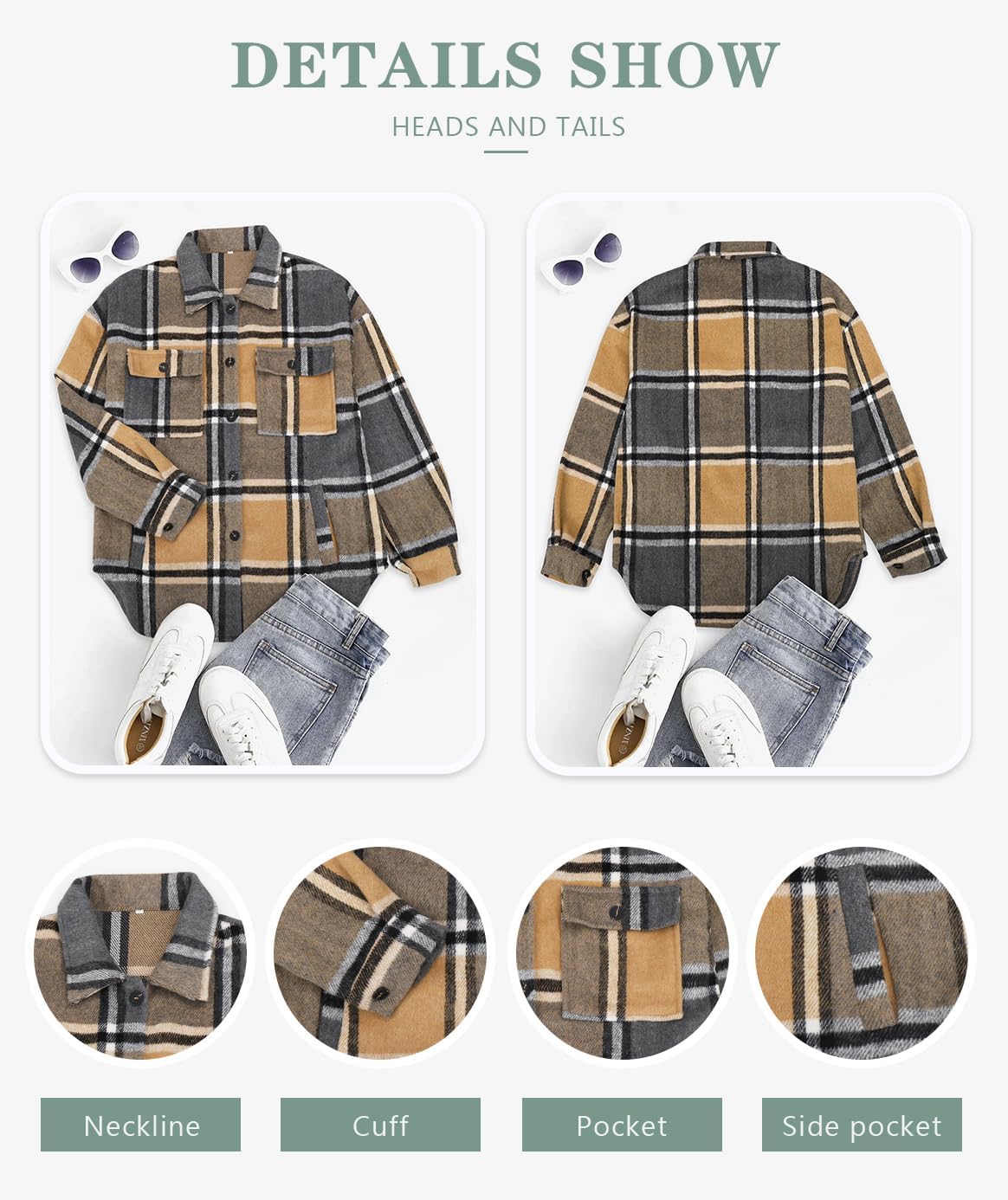 Womens Casual Plaid Shackets Brushed Flannel Button Down Shirt Jacket Coats with Side Pockets