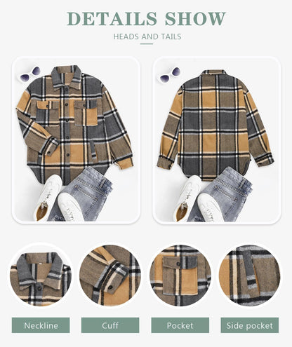 Womens Casual Plaid Shackets Brushed Flannel Button Down Shirt Jacket Coats with Side Pockets