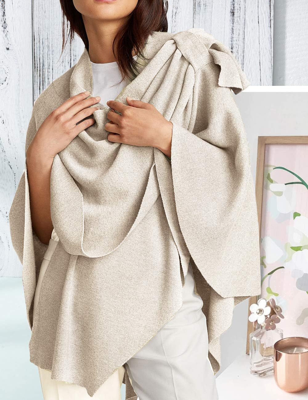 Womens Large Cross Front Poncho Sweater Wrap Topper Knitted Elegant Shawls Cape for Fall Winter