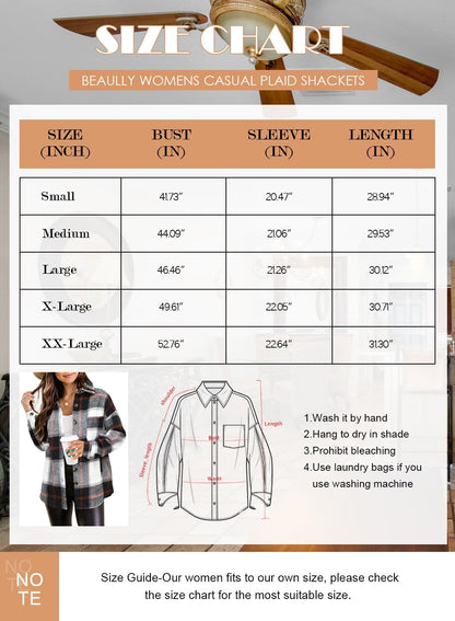 Womens Casual Plaid Shackets Brushed Flannel Button Down Shirt Jacket Coats with Side Pockets