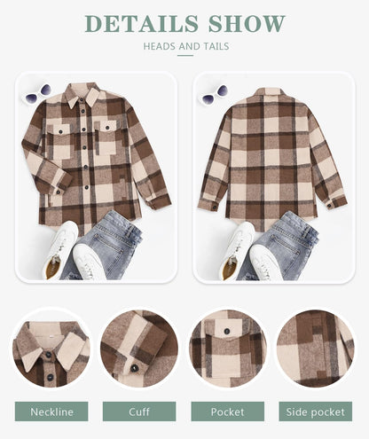 Womens Casual Plaid Shackets Brushed Flannel Button Down Shirt Jacket Coats with Side Pockets