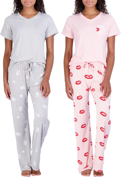 2 Pack: Women’s Pajama Set Super-Soft Short & Long Sleeve Top With Pants (Available In Plus Size)