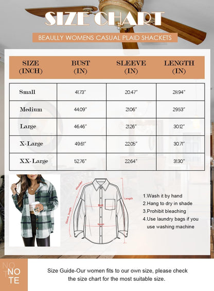 Womens Casual Plaid Shackets Brushed Flannel Button Down Shirt Jacket Coats with Side Pockets