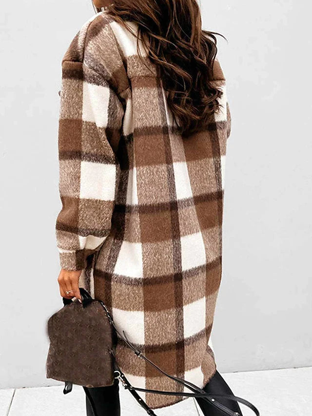 Women's trench coat set head long plaid coat with pockets slim coat