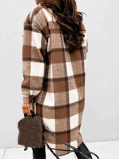 Women's trench coat set head long plaid coat with pockets slim coat