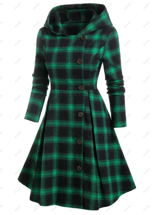 Hooded Single Breasted Plaid Skirted Coat