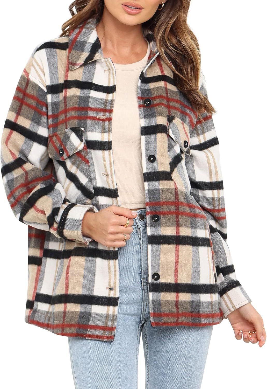Womens Casual Plaid Shackets Brushed Flannel Button Down Shirt Jacket Coats with Side Pockets