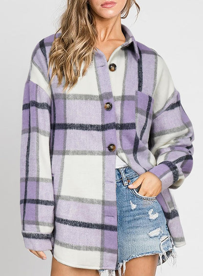 Womens Casual Plaid Shackets Brushed Flannel Button Down Shirt Jacket Coats with Side Pockets