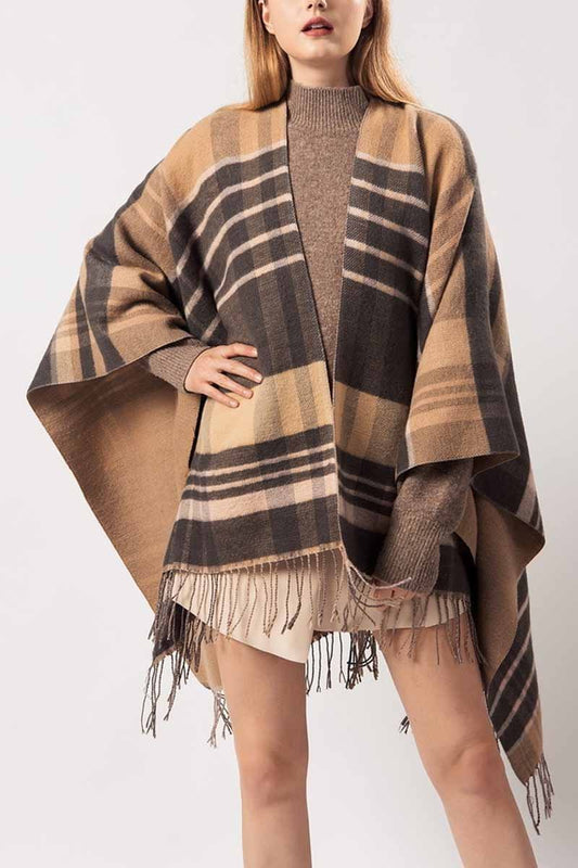 Essential Grid Loose Tassel Shawl Cloak(2 Colors)