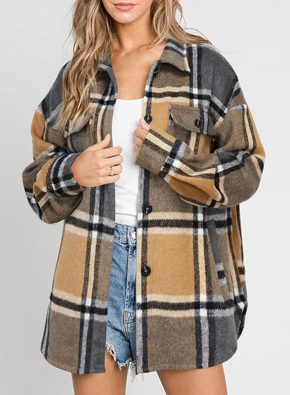 Womens Casual Plaid Shackets Brushed Flannel Button Down Shirt Jacket Coats with Side Pockets