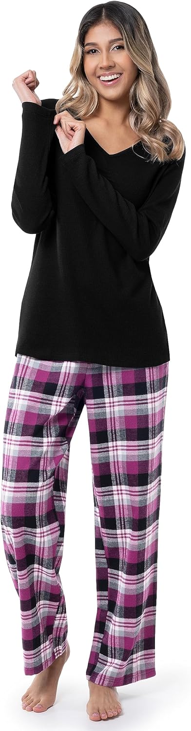 Fruit of the Loom Women's Waffle V-Neck Top and Flannel Pant Sleep Set