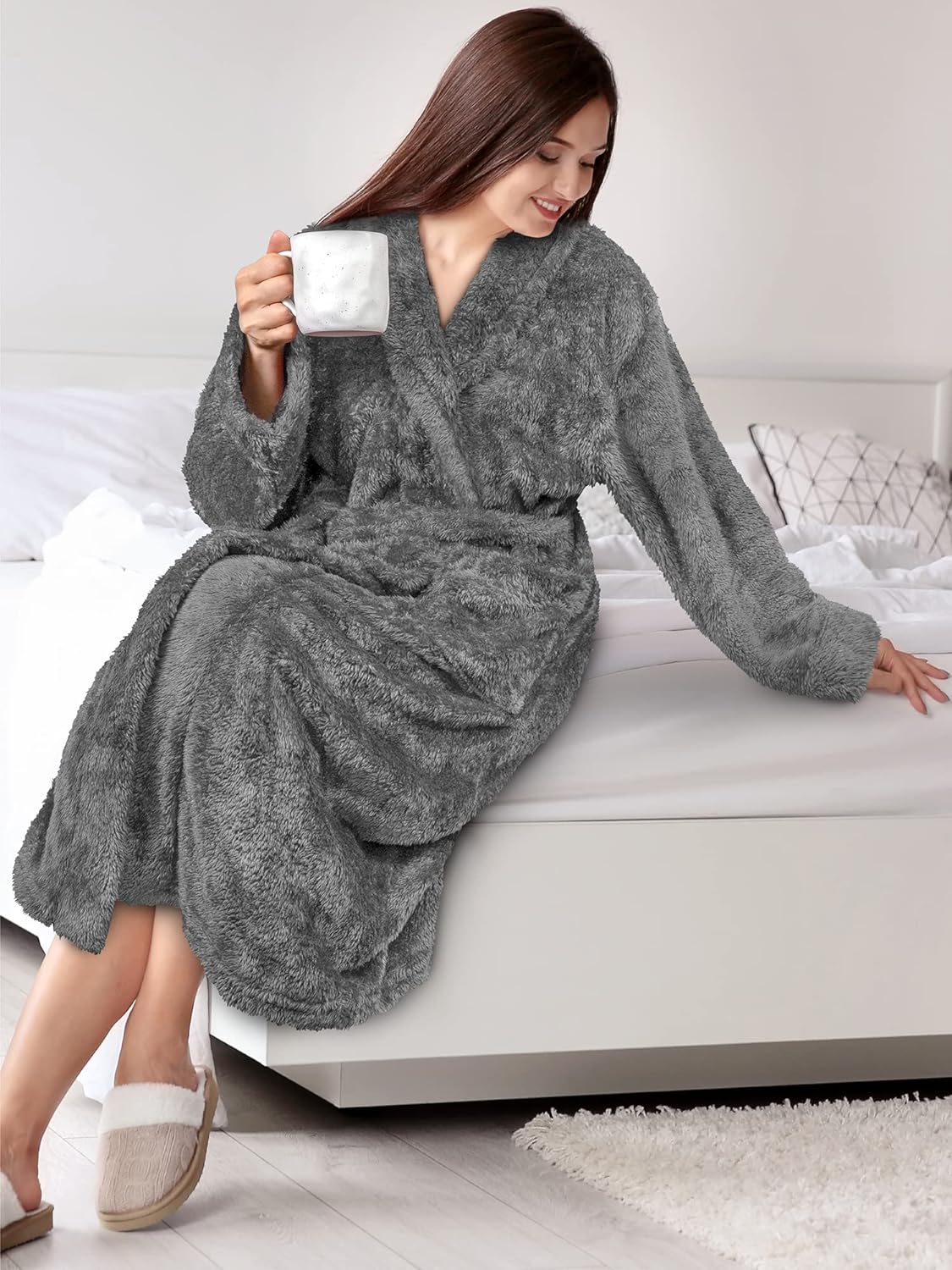 Premium Womens Plush Soft Robe Fluffy, Warm, Fleece Sherpa Shaggy Bathrobe